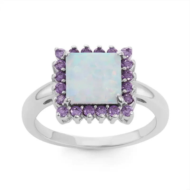 Sterling Silver White Inlay Opal Square with Amethyst CZ Border Ring