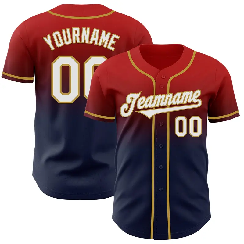 Custom Red Navy-Old Gold Authentic Fade Fashion Baseball Jersey