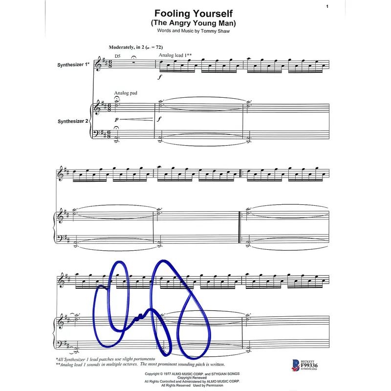 Dennis DeYoung Styx Signed 8.5x11 Fooling Yourself Music Sheet Photo BAS #F99336