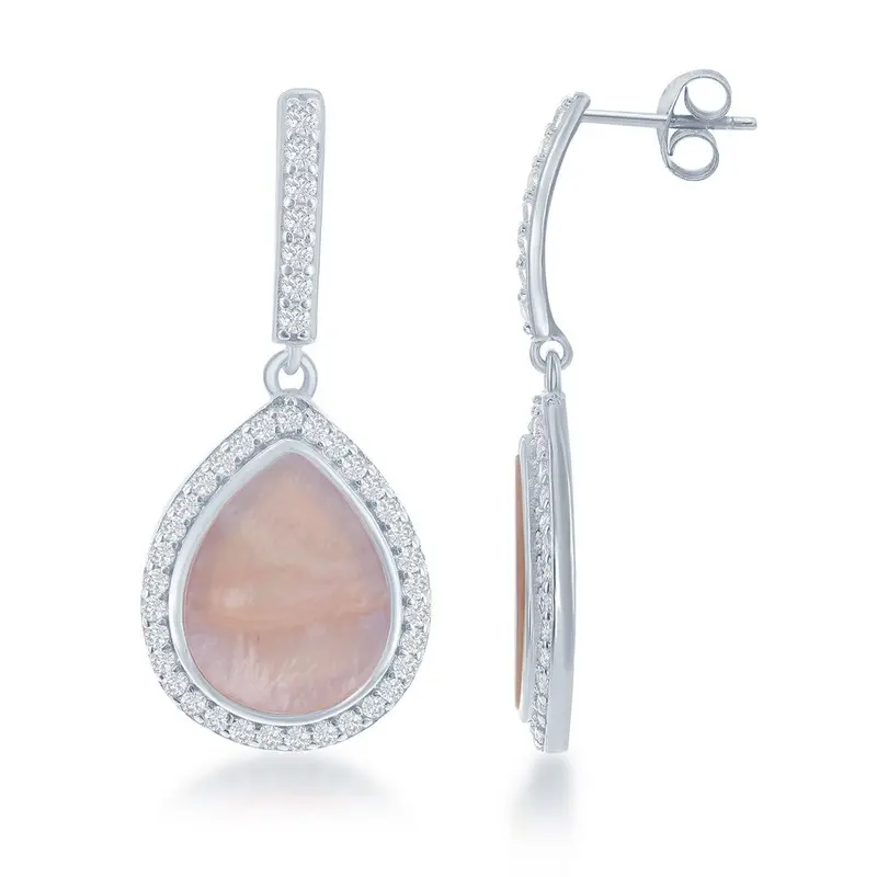 SSterling Silver Dangling Abalone MOP Teardrop with CZ Border Earrings