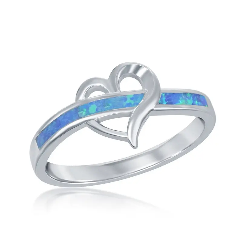 Sterling Silver Open Heart Blue Inlay Opal Ring