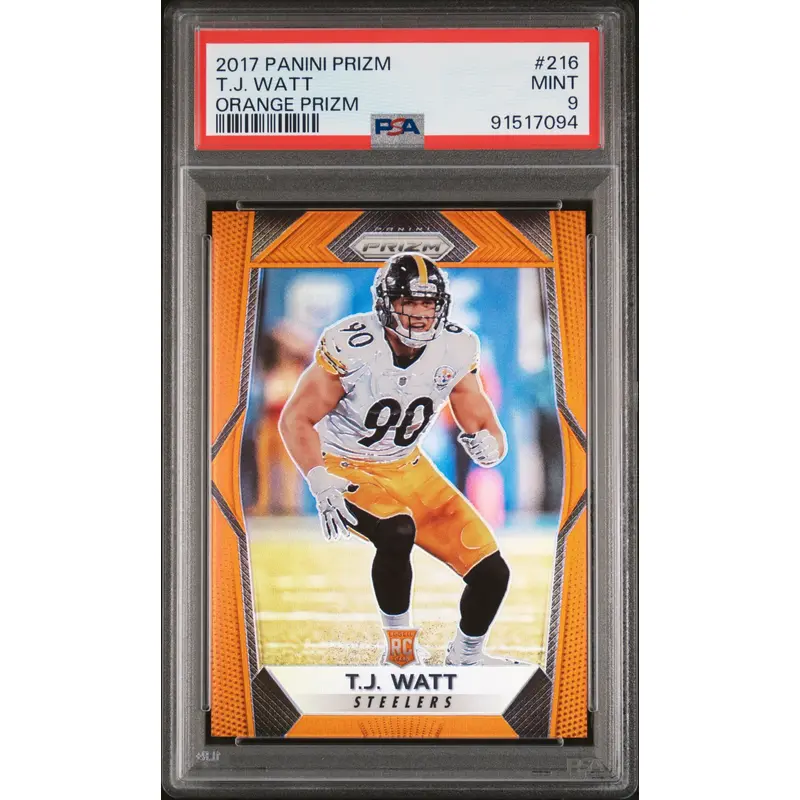T.J. Watt 2017 PAnini Prizm Rookie #216 Orange Prizm #105/275 PSA 9 Mint