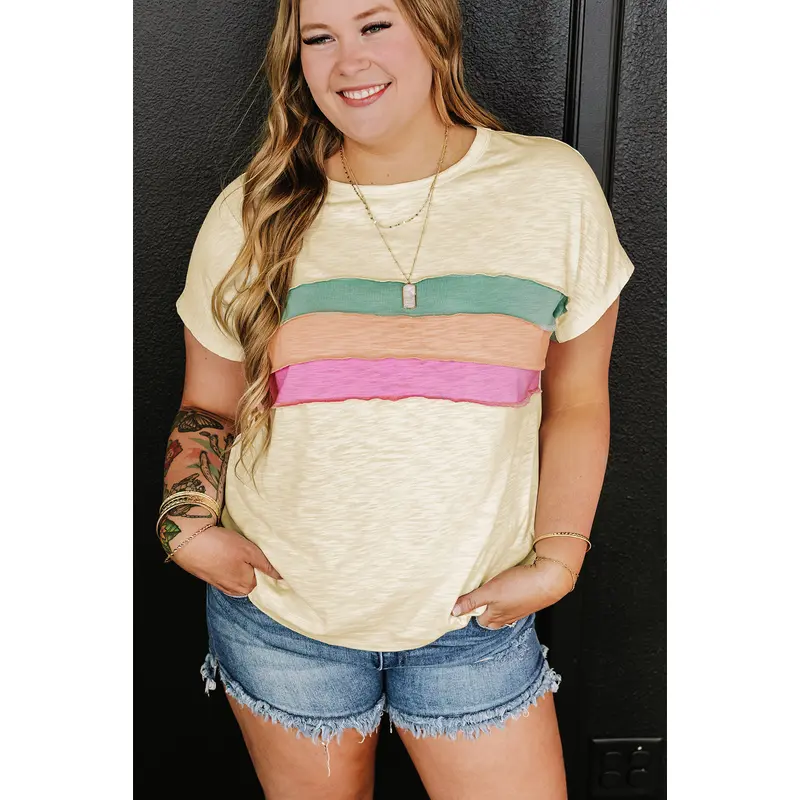 White Color Block Patchwork Plus Size T Shirt