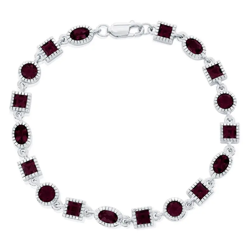 Sterling Silver Oval & Square Gem Bracelet - Ruby
