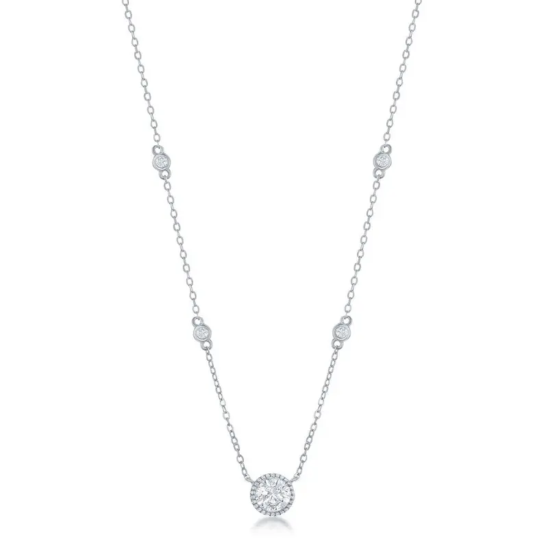 Sterling Silver Round CZ Station Necklace