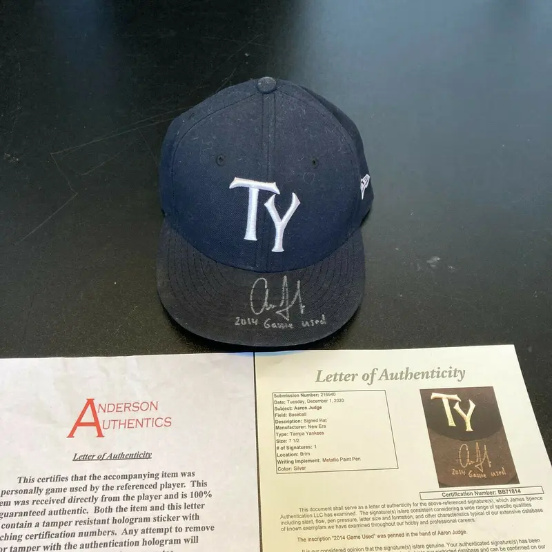 Aaron Judge Pre Rookie 2014 Game Used Signed NY Yankees Minor League Hat JSA COA