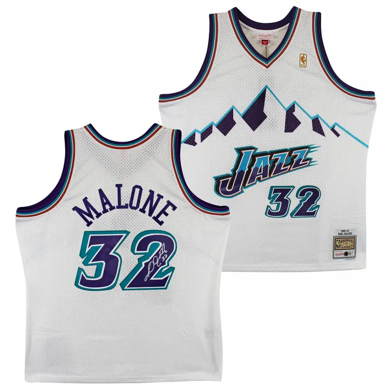 Jazz Karl Malone Signed 1996-97 White Mitchell & Ness Swingman Jersey BAS Wit