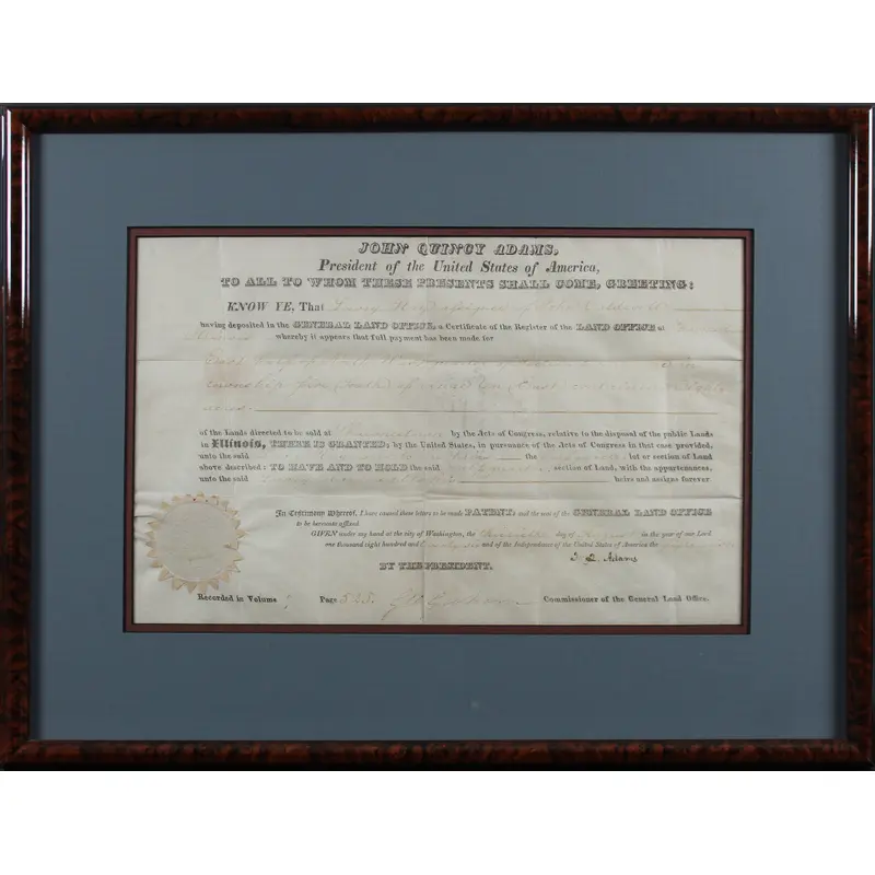 John Quincy Adams Authentic Signed & Framed 9x14 1826 Land Grant BAS #AB14689