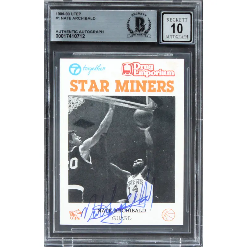 Nate Archibald Authentic Signed 1989 Utep #1 Card Auto Graded 10! BAS Slabbed