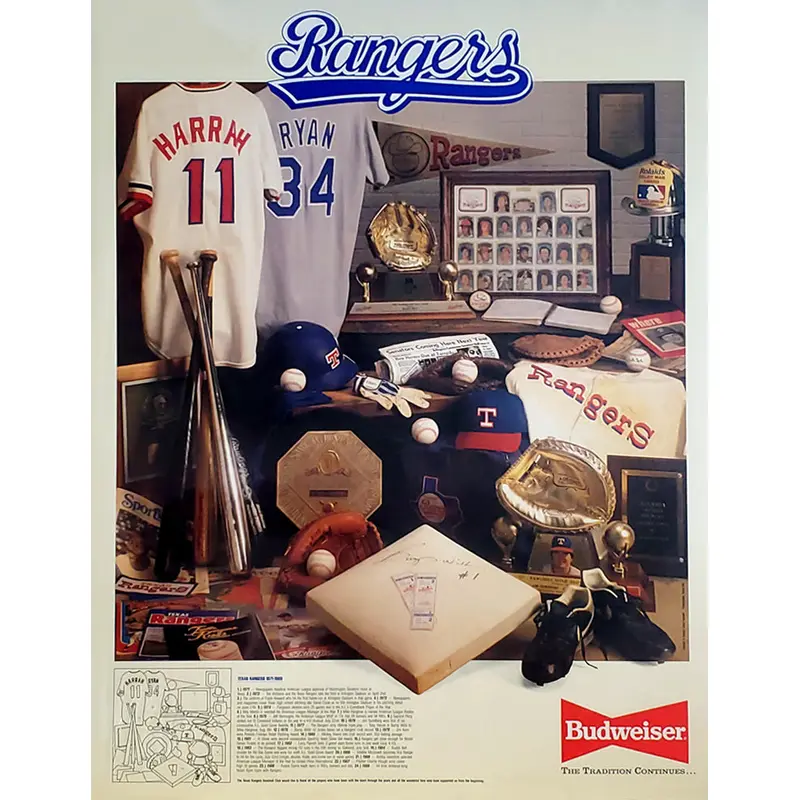 Texas Rangers Baseball Historic Collage 1971-89 Poster - Budweiser/Rangers 1989