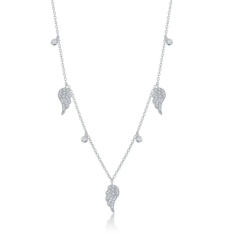 Sterling Silver, Alternating Angel Wings and Bezel-Set CZ Necklace