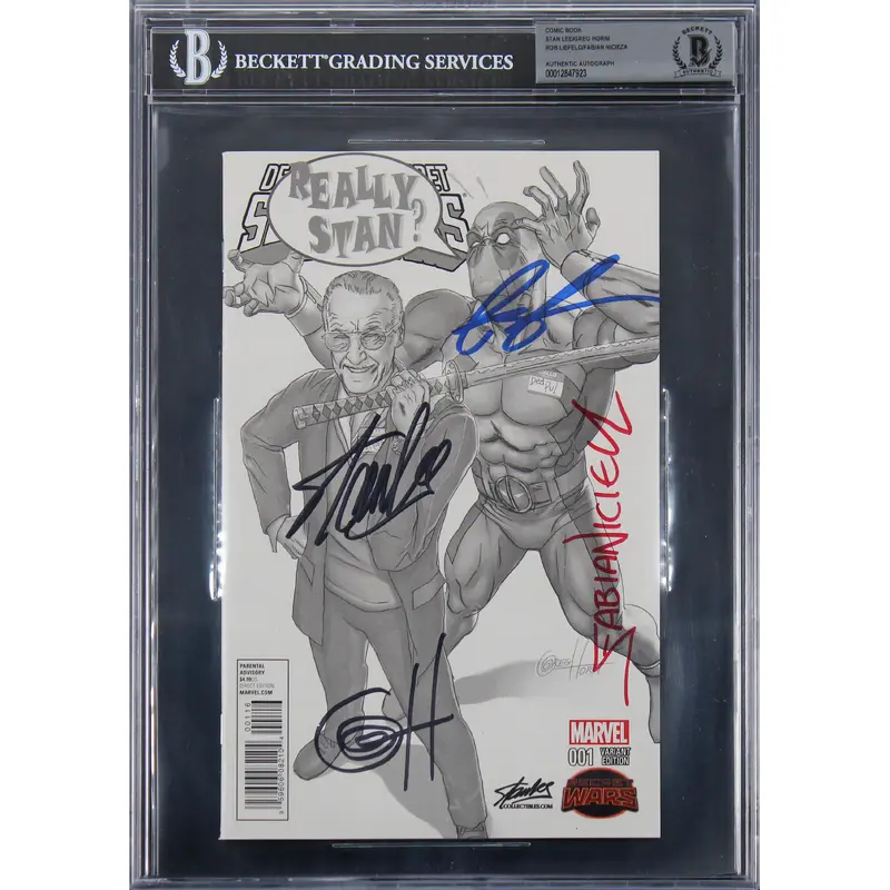 (4) Stan Lee, Horn, Liefeld & Nicieza Signed Deadpool 001 Variant Comic BAS Slab