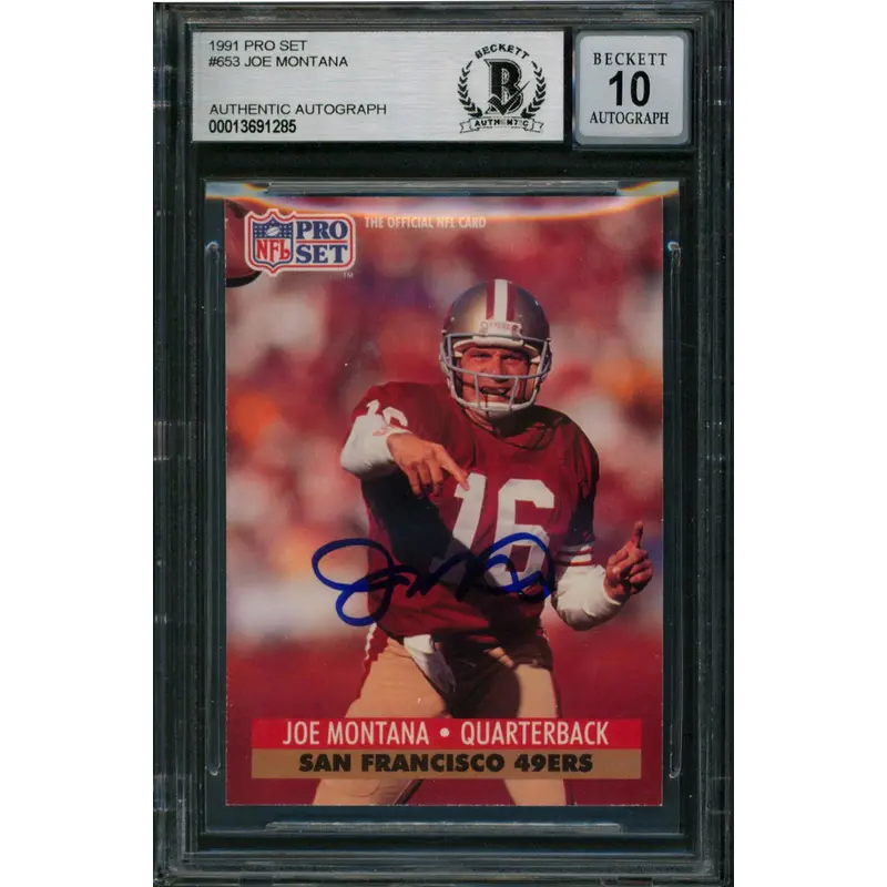 49ers Joe Montana Authentic Signed 1991 Pro Set #653 Card Auto 10! BAS Slabbed