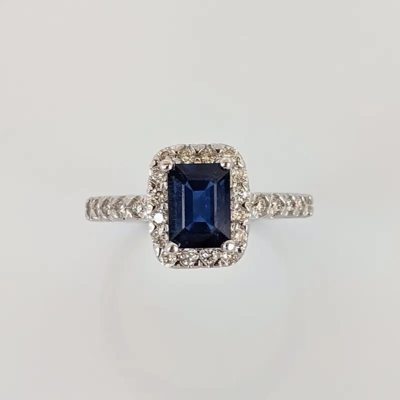 14k White Gold, 1.20ct Emerald Cut Genuine Sapphire Ring w/ .36ctw Diamonds