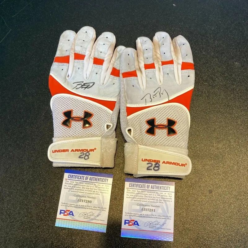 Buster Posey Signed Game Used Under Armour Baseball Batting Gloves PSA DNA COA