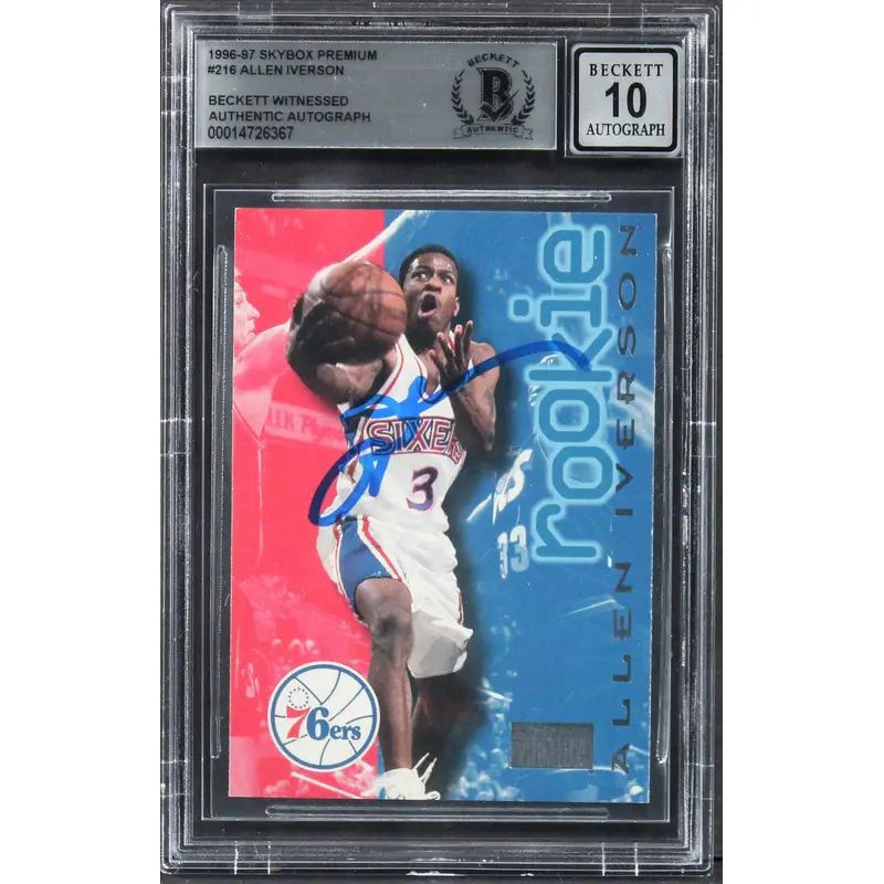 Allen Iverson Signed 1996 Skybox Premium #216 Rookie Card Auto 10! BAS Slabbed