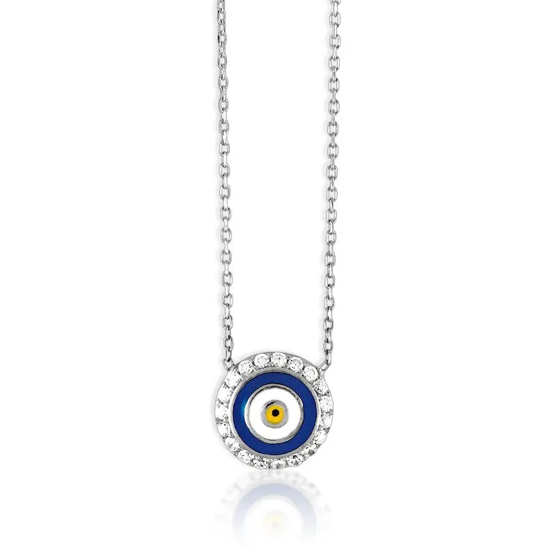 Sterling Silver CZ Navy Evil Eye Necklace