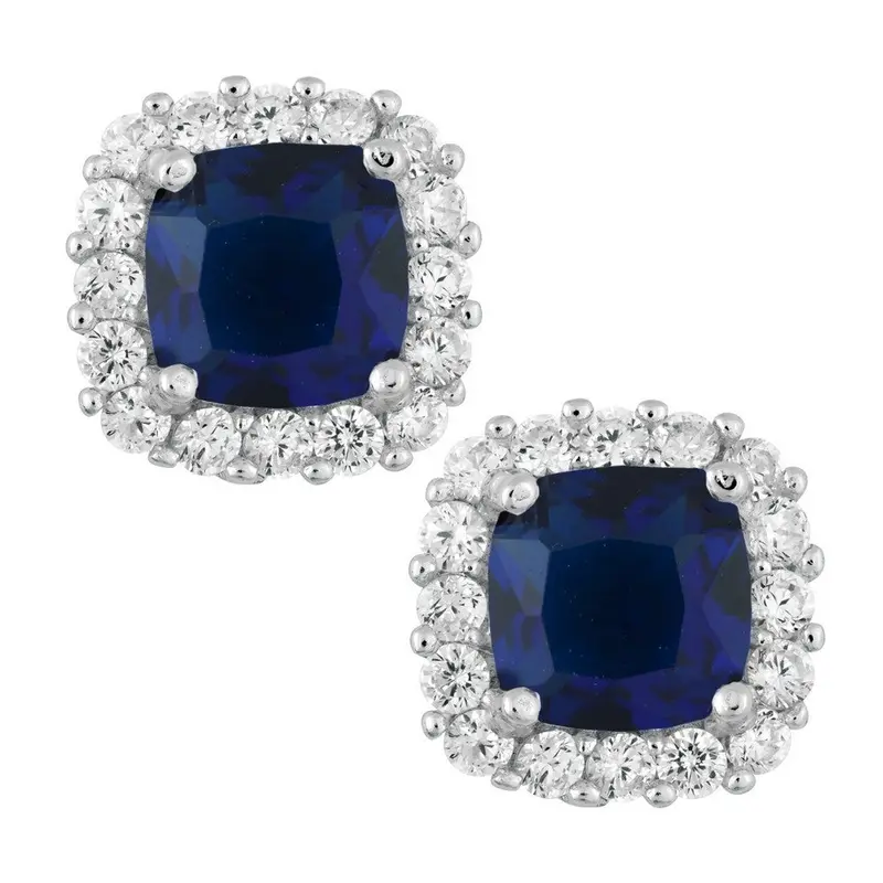 Sterling Silver, Square CZ Studs - Navy Blue