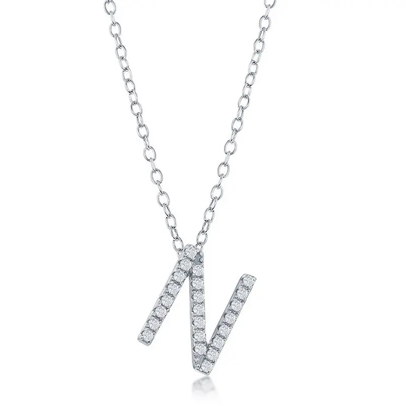 Sterling Silver Micro Pave "N" Pendant Necklace