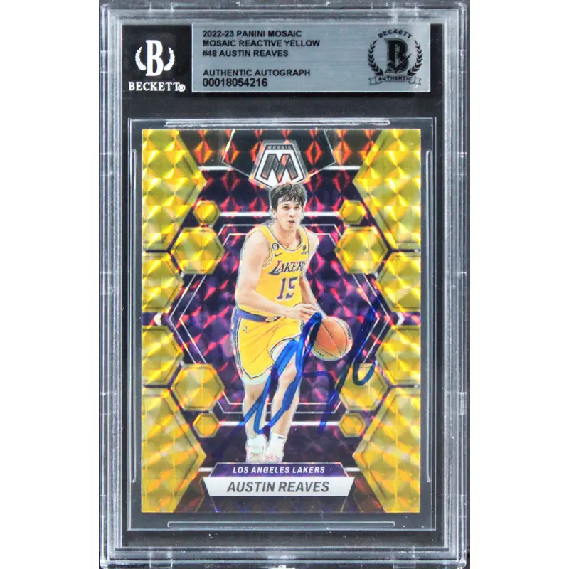 Lakers Austin Reaves Signed 2022 Panini Mosaic React Yellow #48 Card BAS Slabbed