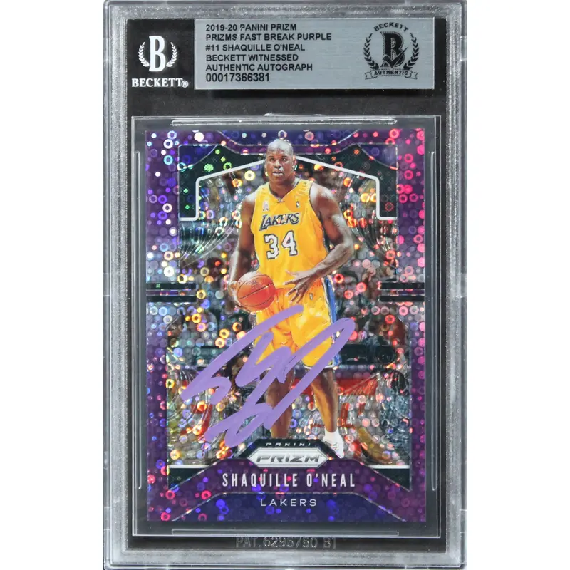 Lakers Shaquille O'Neal Signed 2019 Panini Prizms FB Purple #11 Card BAS Slab