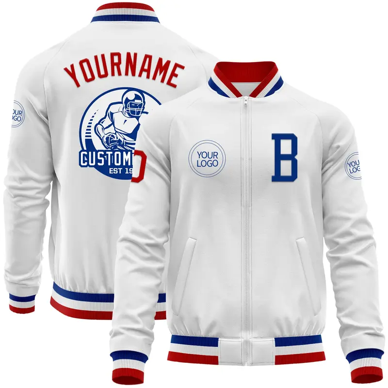 Custom White Red-Royal Bomber Varsity Letterman Zipper Jacket