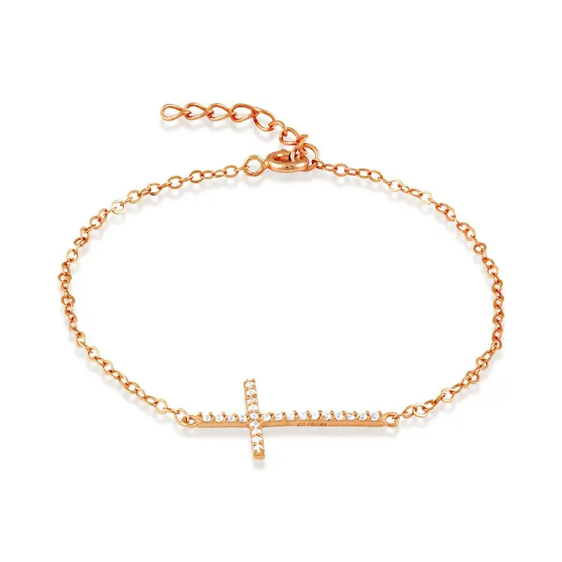 Sterling Silver, CZ Sideways Cross Bracelet - Rose Gold Plated