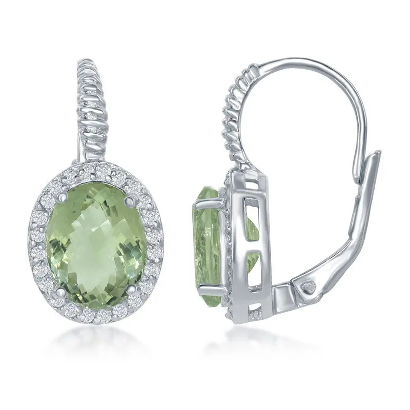 Sterling Silver Oval Green Amethyst with White Topaz Border Earrings