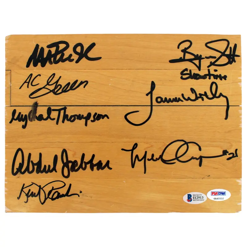 Showtime Lakers (8) Magic, Kareem +6 Signed 8x10 Forum Floorboard PSA & BAS 1