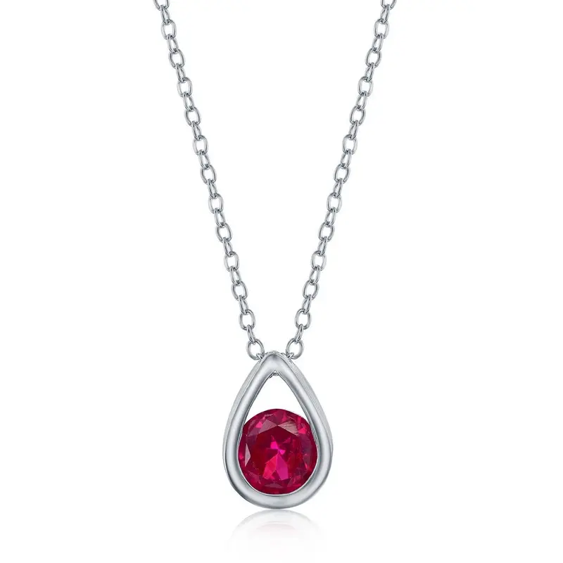 Sterling Silver 'July Birthstone' Pear-shaped Necklace - Ruby