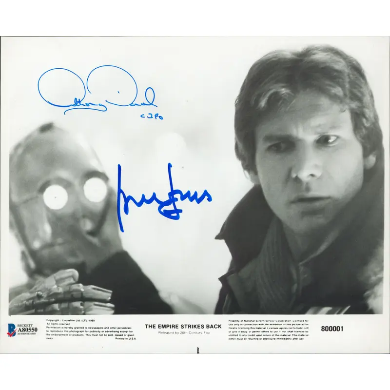 Harrison Ford & Anthony Daniels Star Wars Signed 8x10 B&W Photo BAS #A80550