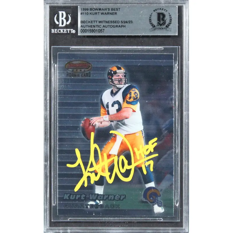 Rams Kurt Warner "HOF 17" Signed 1999 Bowman's Best #110 Rookie Card BAS Slabbed