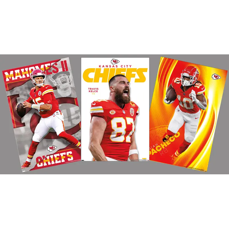 COMBO: Kansas City Chiefs Football 3-Poster Combo Set (Mahomes, Kelce, Pacheco Posters)
