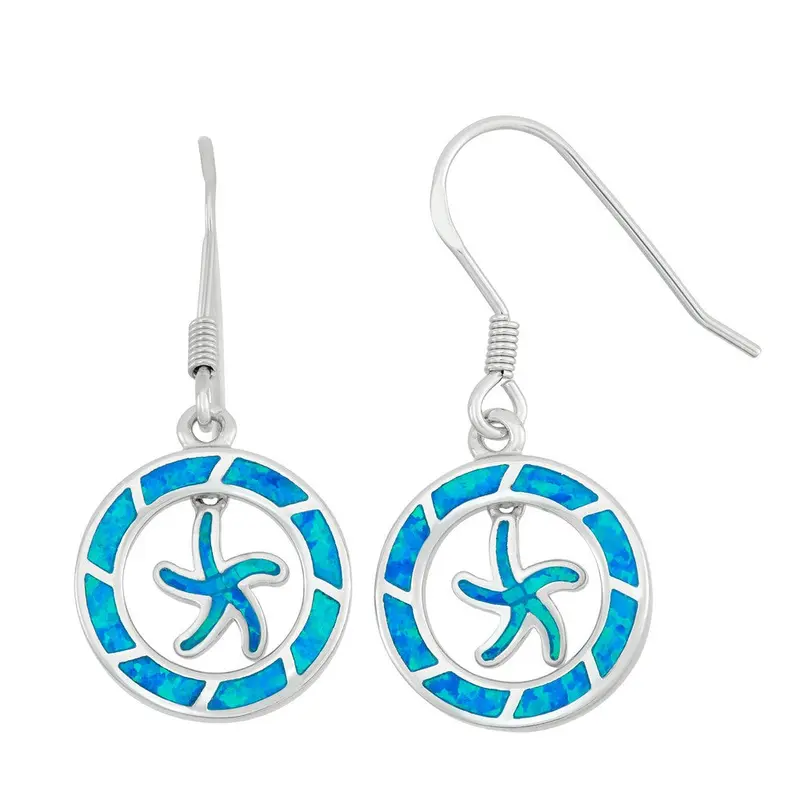 Sterling Silver Open Blue Inlay Opal Circle with Center Starfish Earrings