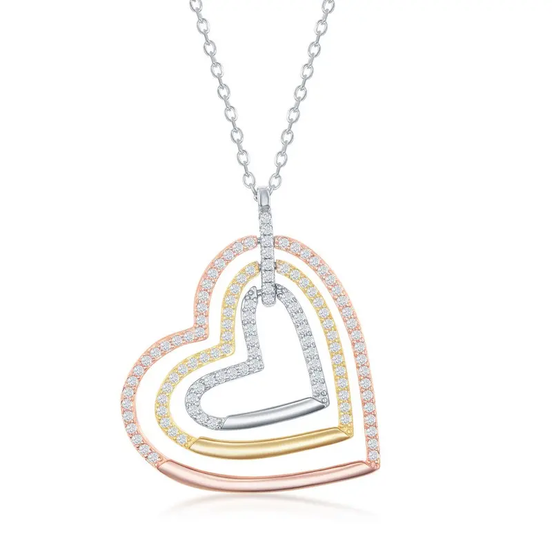 Sterling Silver Triple Open CZ Heart Neckalce - Tri Color