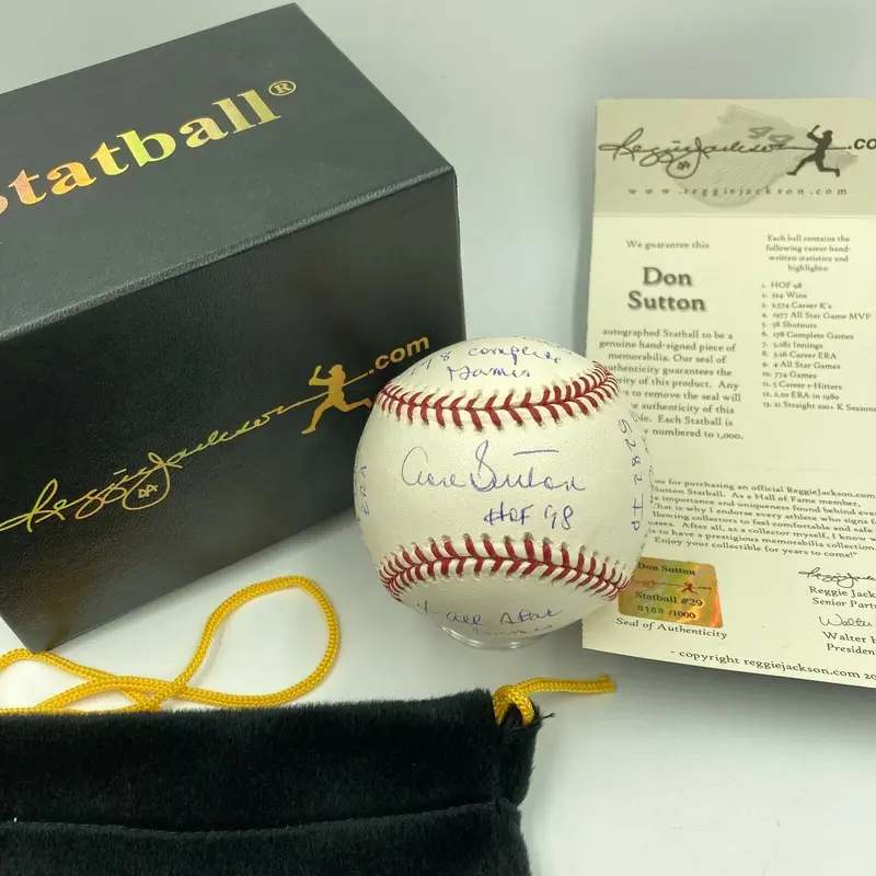 Nice Don Sutton Signed Heavily Inscribed STAT Baseball With Reggie Jackson COA