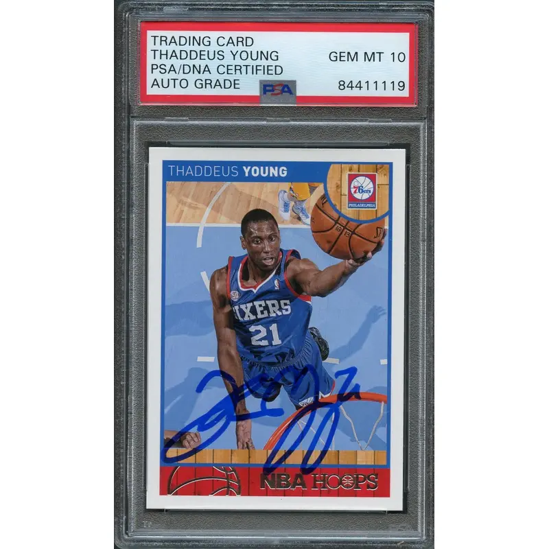 2013-14 NBA Hoops #16 Thaddeus Young Signed Card AUTO 10 PSA Slabbed 76ers