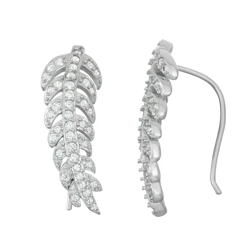 Sterling Silver CZ Leaf Climber Earrings