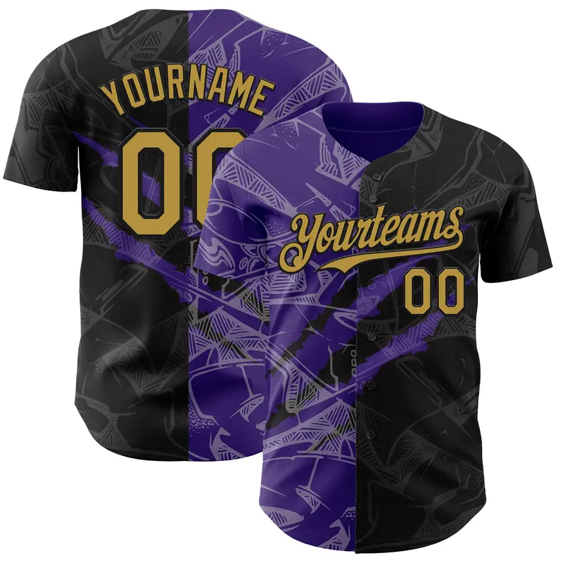 Custom Graffiti Pattern Old Gold Black-Purple 3D Scratch Authentic Baseball Jersey