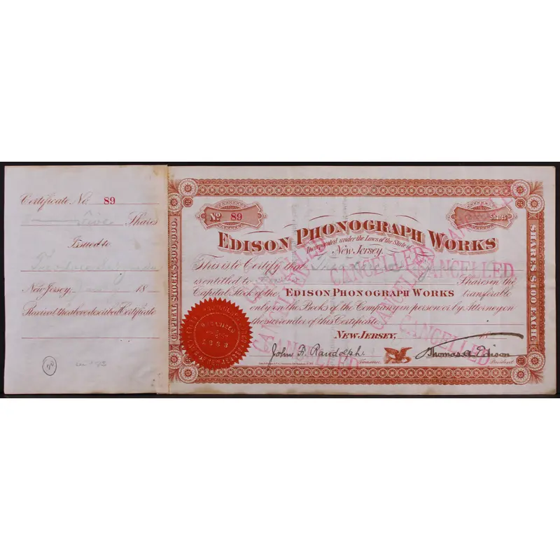 Thomas Edison Signed 5.75x14 Phonograph Works Stock Certificate BAS #AE13289