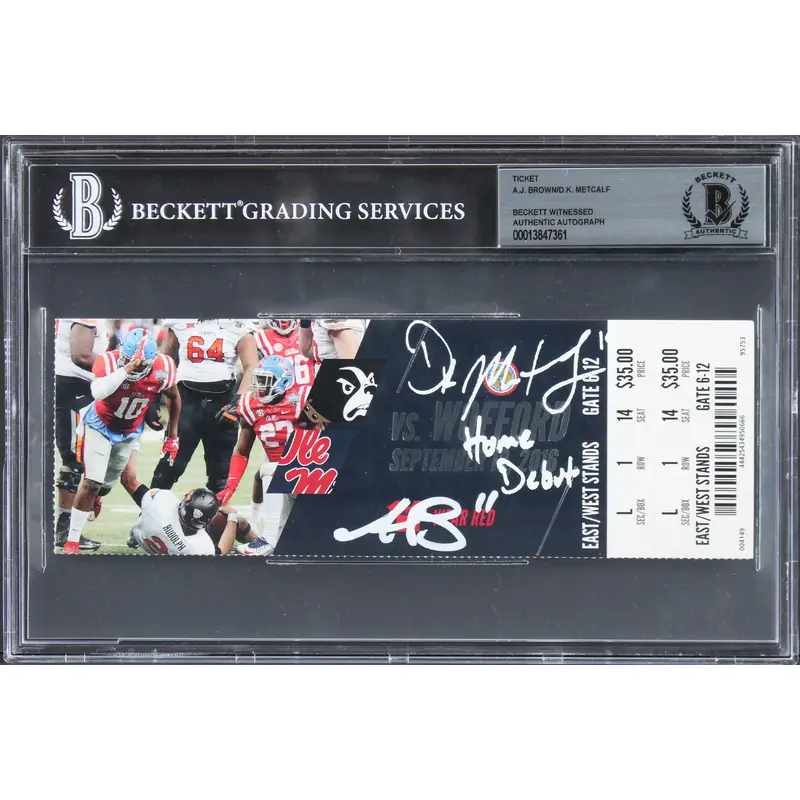 Ole Miss A.J. Brown & D.K. Metcalf Home Debut  Signed 2016 Ticket Stub BAS Slab
