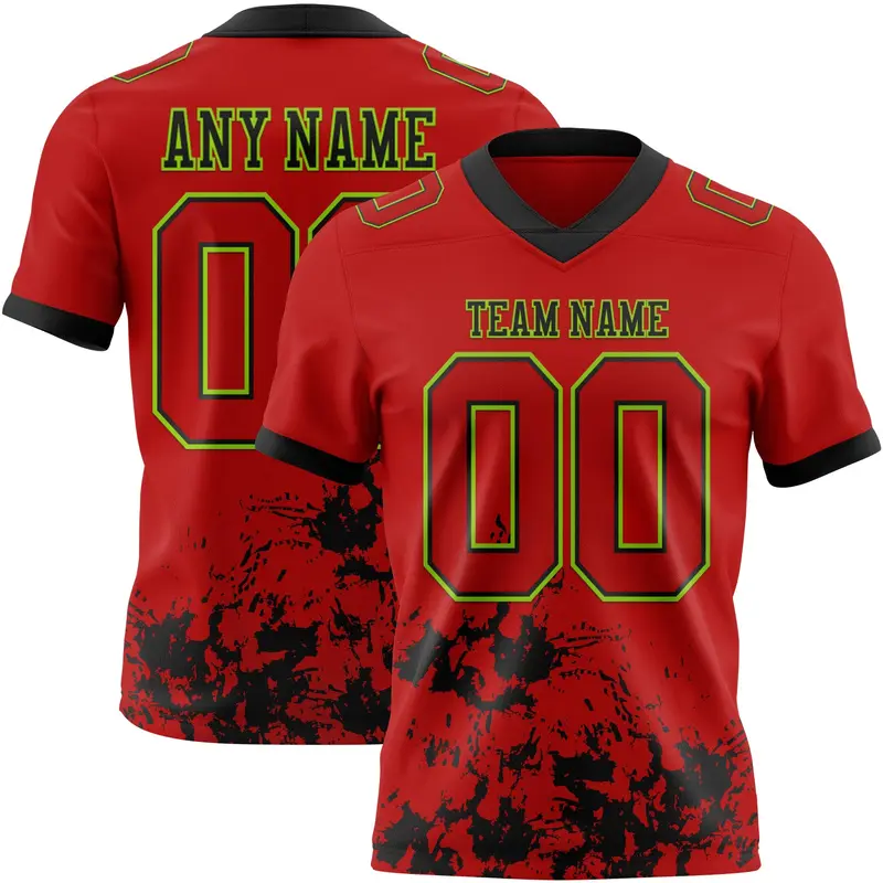 Custom Red Black-Neon Green Splash Mesh Authentic Football Jersey
