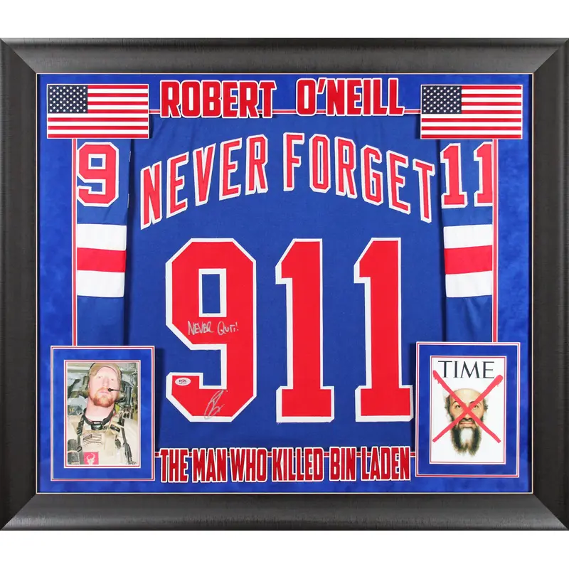 Robert O'Neil Signed Blue 9/11 Never Forget Framed Jersey PSA/DNA #AM73291