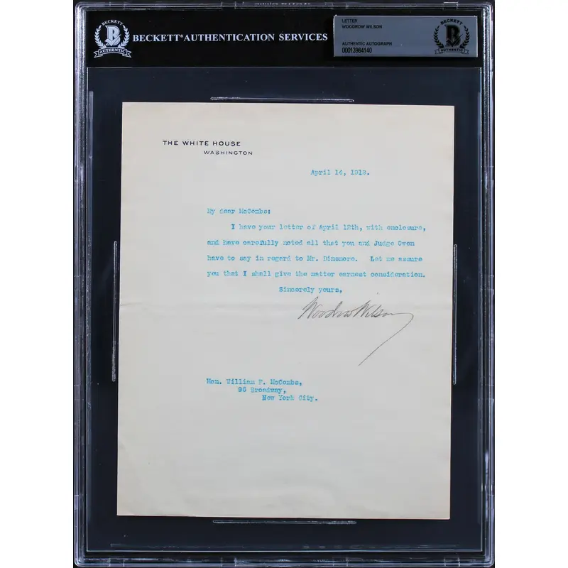 Woodrow Wilson Signed 7x8.75 1913 Letter On White House Letterhead BAS Slab