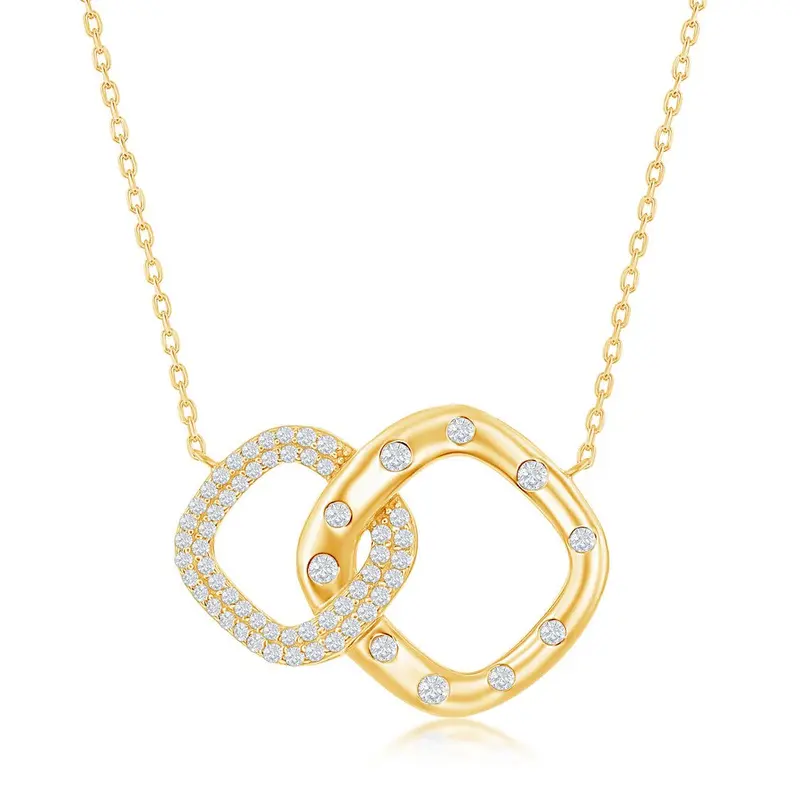 Sterling Silver, Micro Pave CZ Interlocking Diamond-Shaped Necklace - Gold Plated