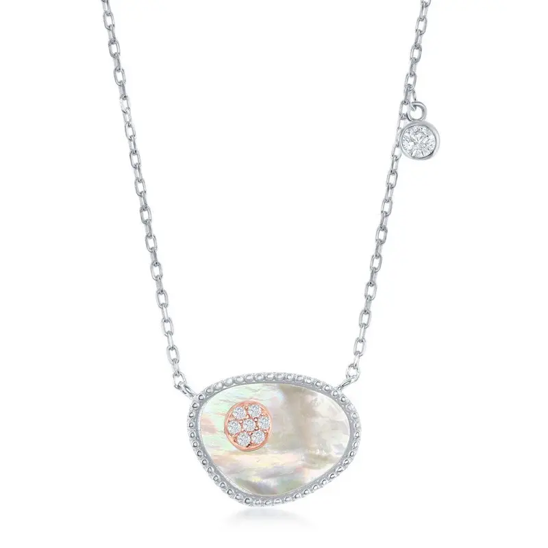 Sterling Silver Oval MOP and RG CZ Circle w/ Single Bezel Set CZ Neckalce