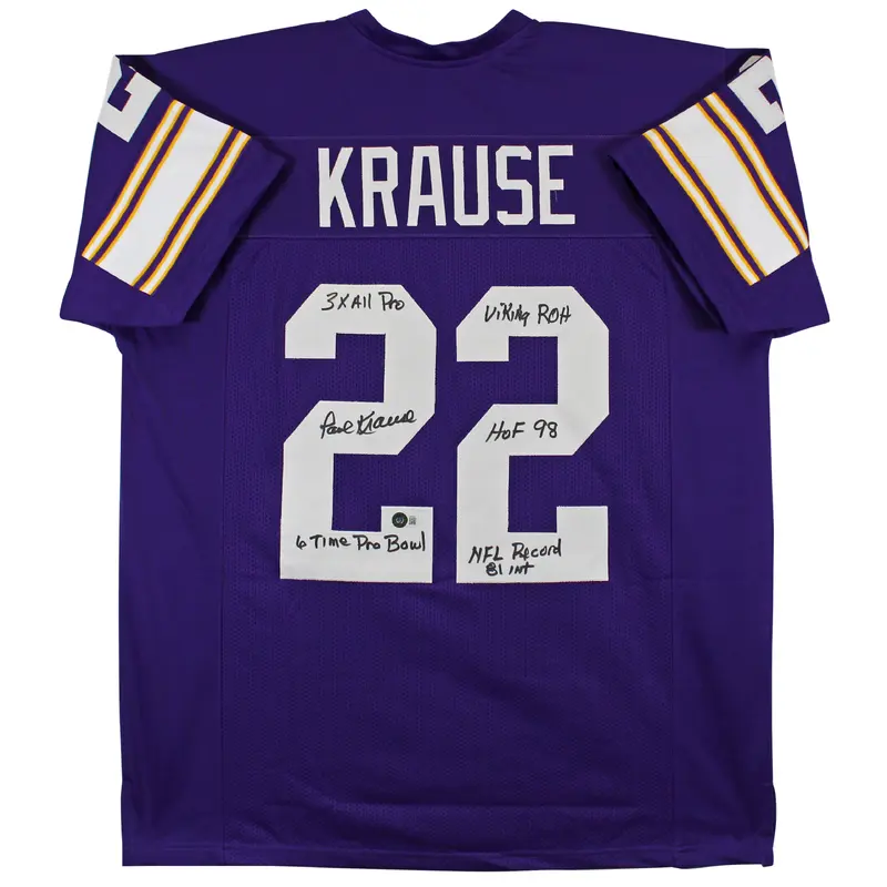 Paul Krause "Stat"  Authentic Signed Purple Pro Style Jersey BAS Witnessed 3