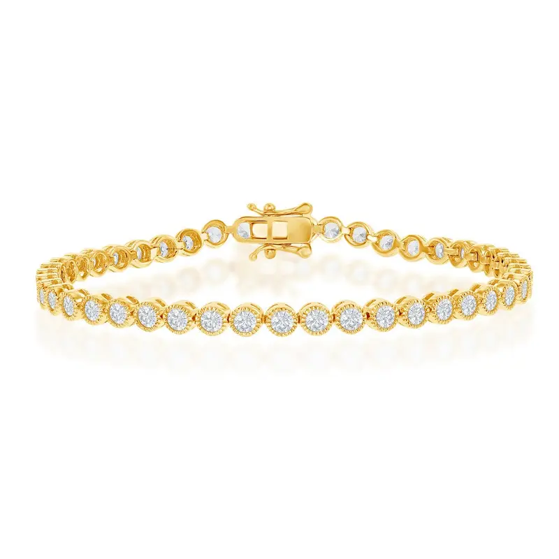 Sterling Silver, 4mm Round CZ Tennis Bracelet - Gold Plated