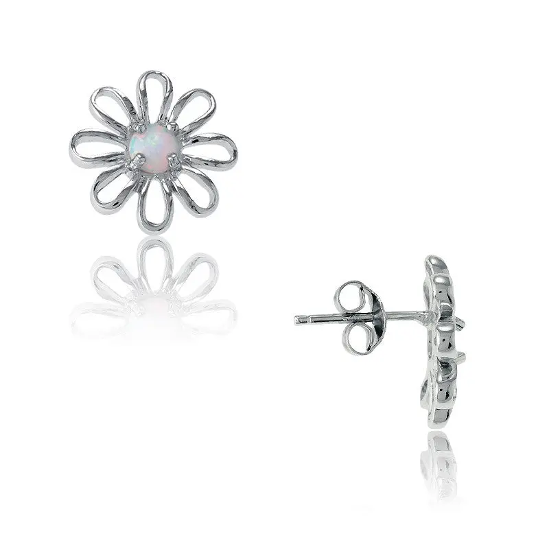 Sterling Silver White Opal Daisy Flower Earrings