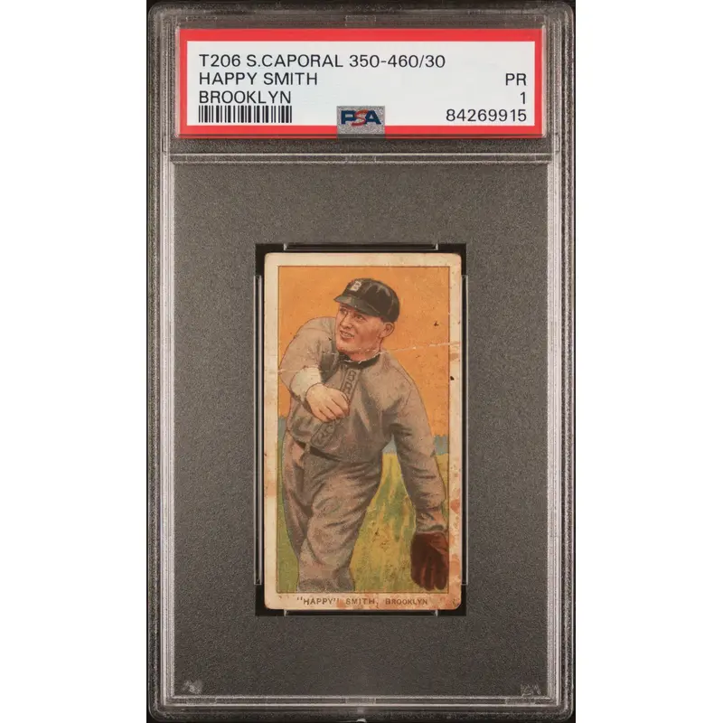 Happy Smith 1909-11 T206 Sweet Caporal 350-460/30 Brooklyn PSA 1 Poor